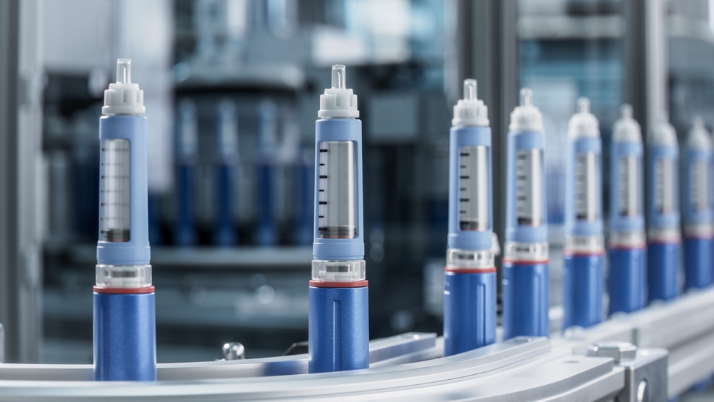 GLP-1 medication vials on a pharmaceutical production line